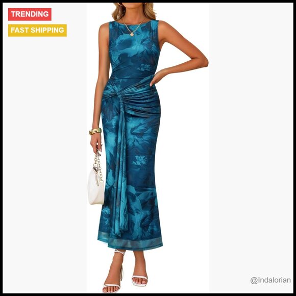 Summer Sleeveless Bodycon Maxi Dress with Ruched Adjustable Waist Belt